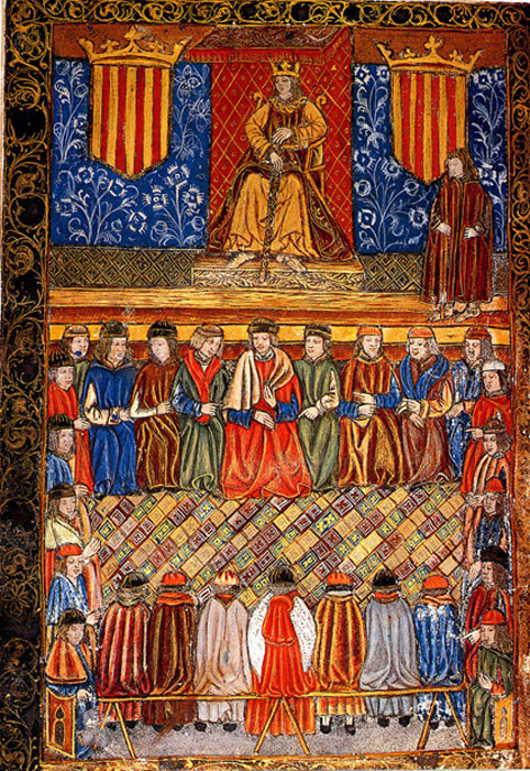 Ferdinand II of Aragon on his throne flanked by two shields with the emblem of the royal signet. Frontis of a 1495 edition of the Catalan Constitutions