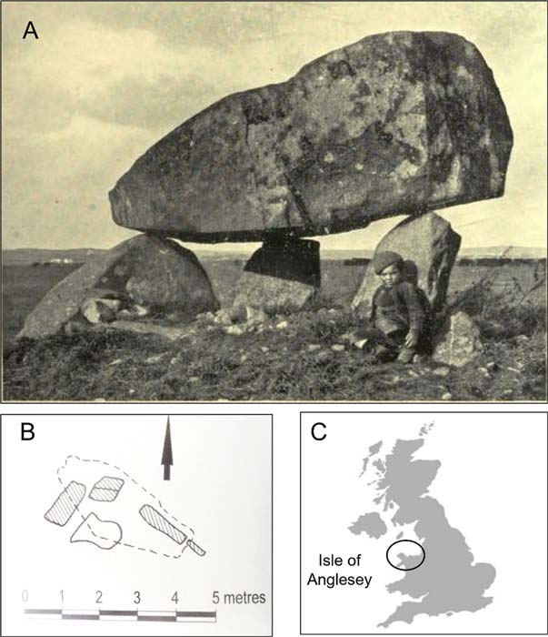 Figure 1. (A) The Ty Newydd Burial Chamber before the modern support wall was added. (B) Plan of the current chamber. (C) Location of Isle of Anglesey.