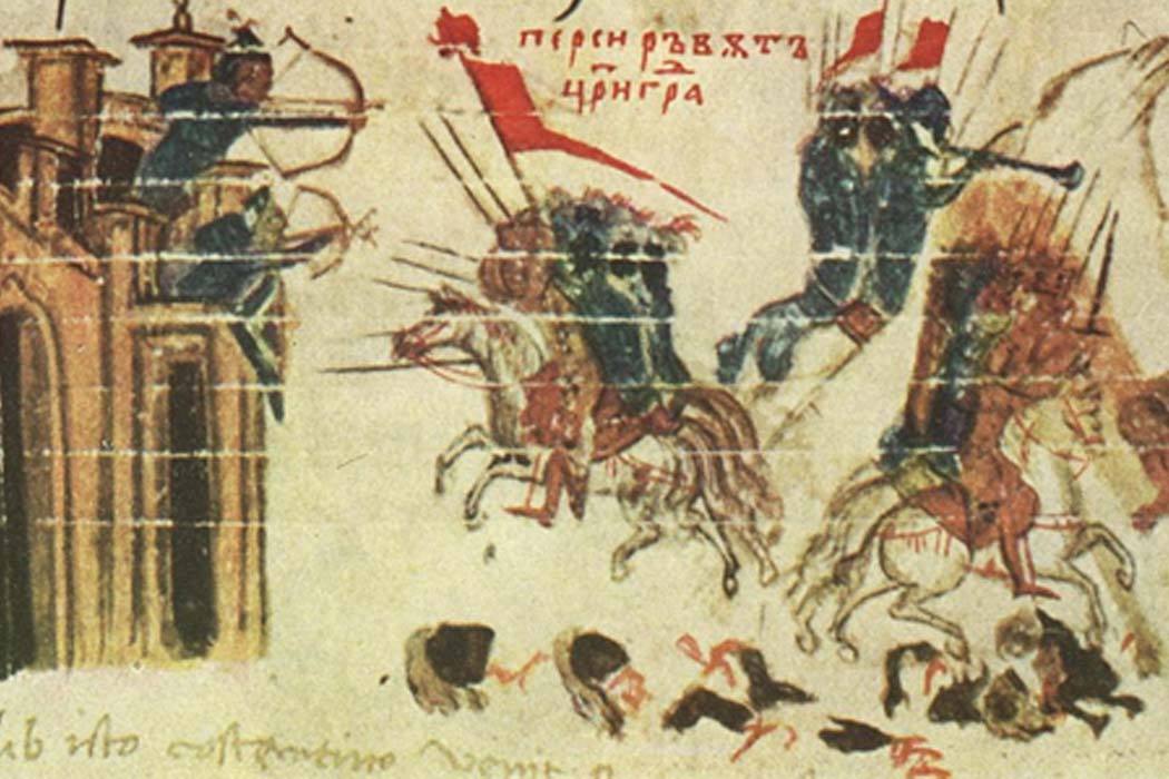 The Siege of Constantinople. Emperor Heraclius attacks a Persian fortress, while the Persians attack Constantinople from the Constantine Manasses Chronicle, 14th century. 