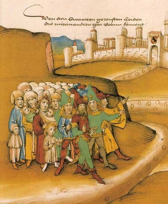 Primera llegada de gitanos fuera de la ciudad de Berna, descrita como "getoufte heiden" (paganos bautizados). (Dominio publico)