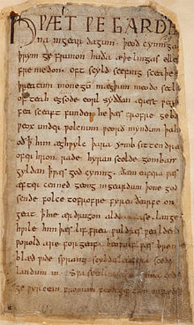 First page of Beowulf contained in the damaged Nowell Codex 