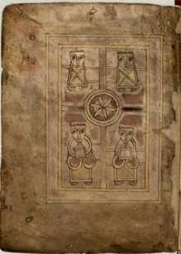 Folio 1 verso from the Book of Deer (Cambridge University Library, MS. II.6.32), showing the four evangelists.
