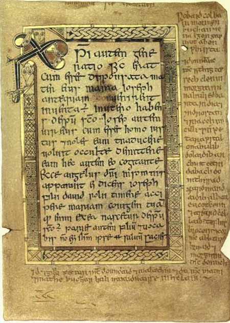 Folio 5r of the Book of Deer which contains the text of the Gospel of Matthew from 1:18 through 1:21. Note the Chi Rho monogram in the upper left corner. The margins contain Gaelic text. (Public domain)