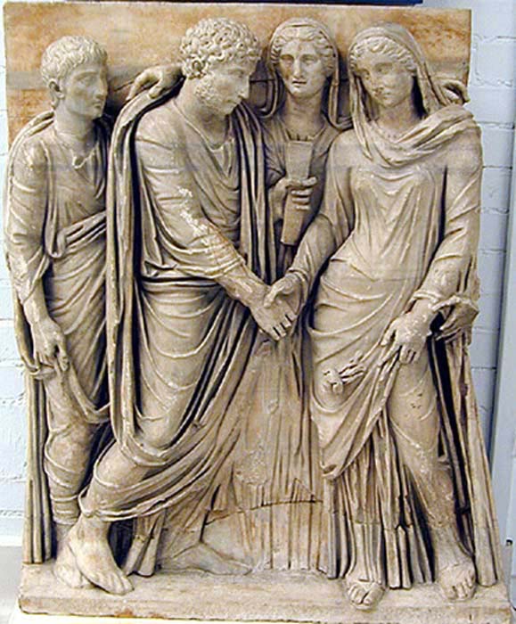 Fragment from the front of a sarcophagus showing a Roman marriage ceremony. (CC BY SA 4.0) Inheritance was valued over love in marriage decisions.
