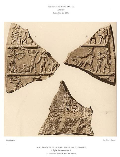 Fragments of the Victory Stele of Rimush. The stele also has an epigraphic fragment, mentioning Akkad and Lagash. It suggests the stele represents the defeat of Lagash by the troops of Akkad. (Public domain)