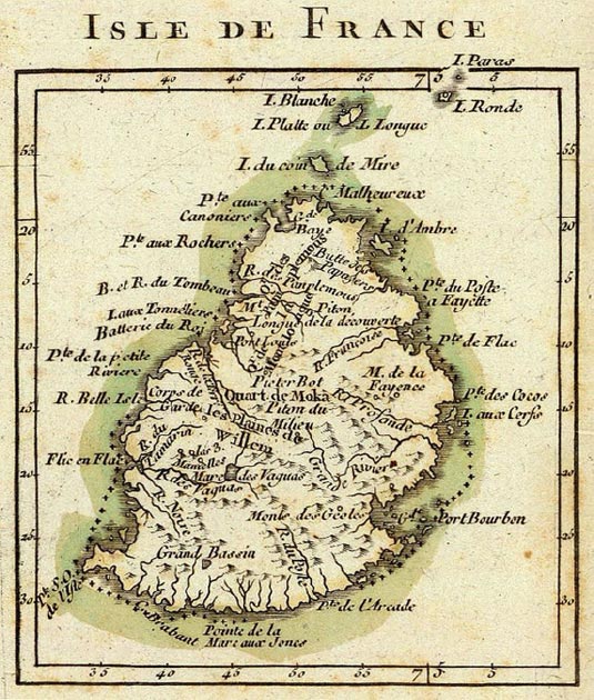 French map from 1791 depicting Mauritius (then called 