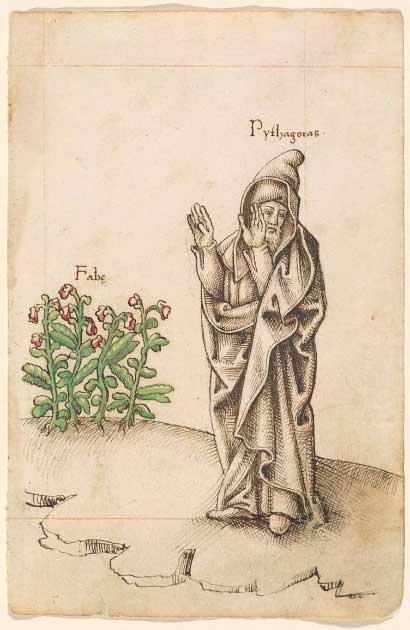 Manuscrito francés de 1512/1514, que muestra a Pitágoras apartando la cara de los frijoles con disgusto. (Dominio publico)