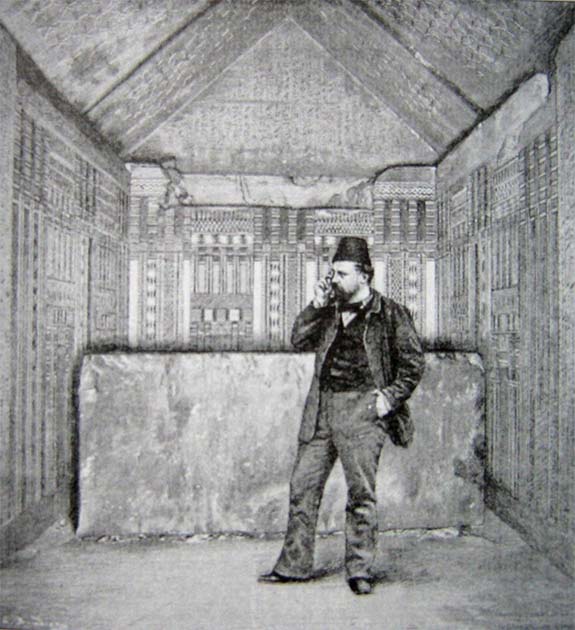 The French Egyptologist Gaston Maspero within the funerary chamber of the tomb of Unas in 1881. (Public domain)