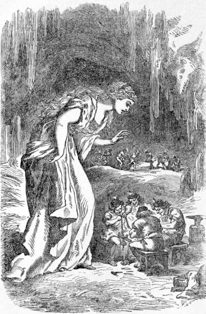 Freyja in the dwarfs' cave, book illustration from 1891 (Public Domain)