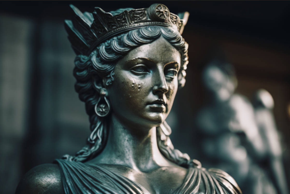 AI image of a bronze statue representing an empress of ancient Rome.