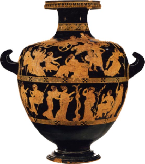 The Garden of the Hesperides with the serpent-entwined apple tree depicted on the bottom panel of a water pot from about 410 BC (Public domain)