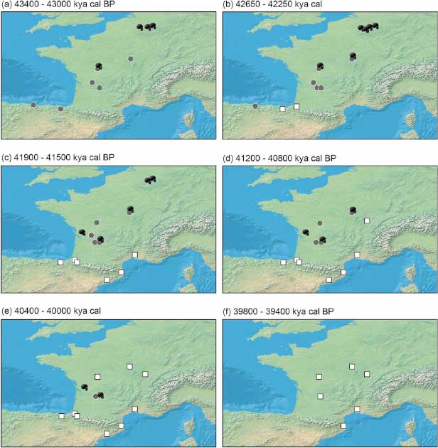 Geographic appearance of dated occurrences for the Châtelperronian (grey circles – Neanderthal stone tools), Protoaurignacian (white squares – Homo sapiens stone tools), and directly-dated Neandertals (black skulls) in the study region between 43,400 (a) and 39,400 (f) years cal BP. (Djakovic, I., Key, A. & M. Soressi / Nature 2022)