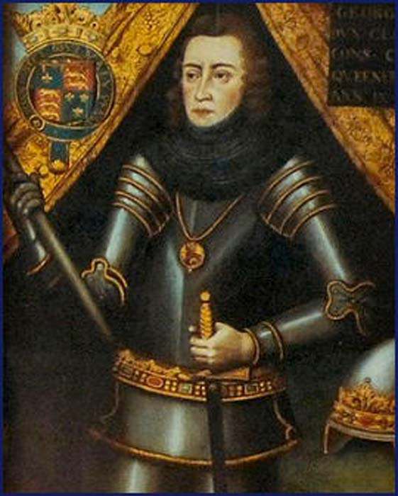 George Plantageneta, duque de Clarence. À direita - Brasão de George Plantagenet, 1º Duque de Clarence. Fonte: Esquerda, Domínio Público