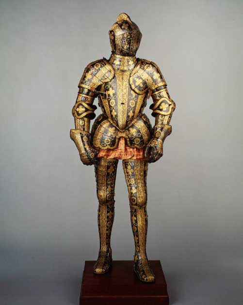 Armor of George Clifford, Third Earl of Cumberland. It was constructed about 1580–85 AD out of steel, and was etched, blued, and gilded. Weight: 60 lb. (27.2 kg). Source: The Metropolitan Museum of Art, Public Domain.