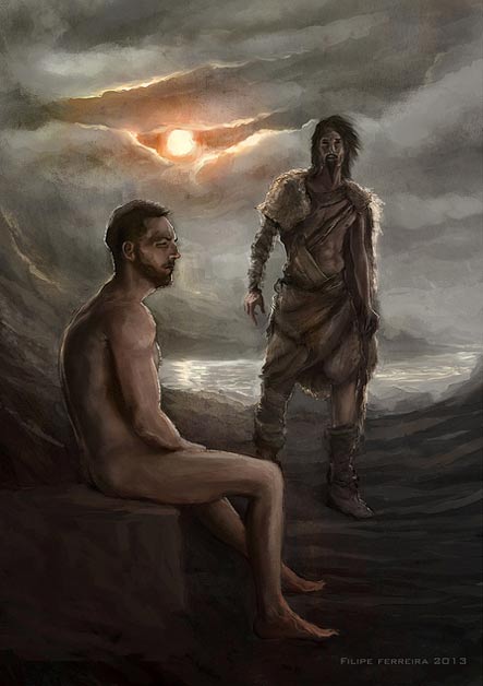 Artists rendition of Gilgamesh and Ut-napishtim. 