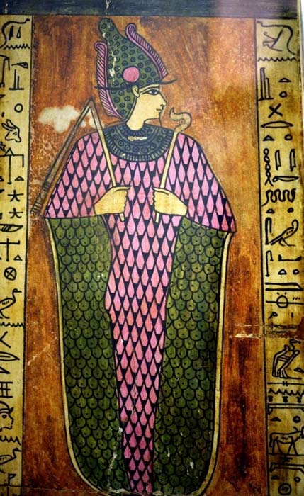 Given the choice of colors, this is a rather unusual depiction of Osiris on a sarcophagus lid. Egypt, Second Century AD. Allard Pierson Museum. 