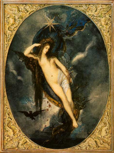 Nyx, la diosa de la noche, se dice que es la hija del Caos en la mitología griega. Pintura de Nyx, diosa de la noche de Gustave Moreau, 1880 (dominio público)