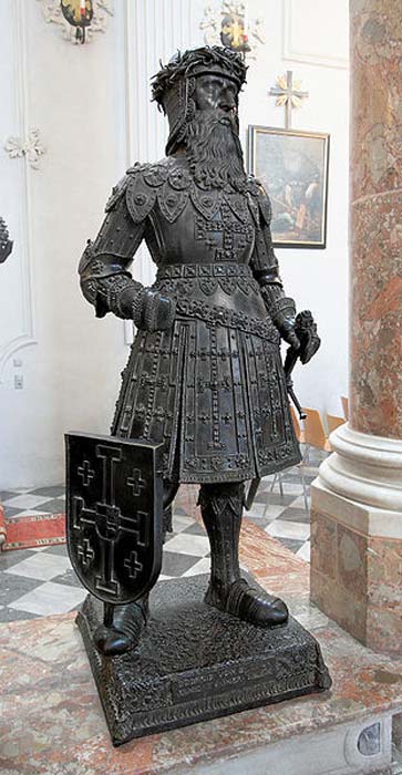 Sixteenth-century bronze statue of Godfrey of Bouillon from the group of heroes surrounding the memorial to Maximilian I, Holy Roman Emperor in the Hofkirche, Innsbruck. 