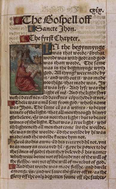 The first page of the Gospel of John from the New Testament of William Tyndale (c. 1494-1536), published in 1526, the first English translation of the New Testament from the original language. (Public Domain)