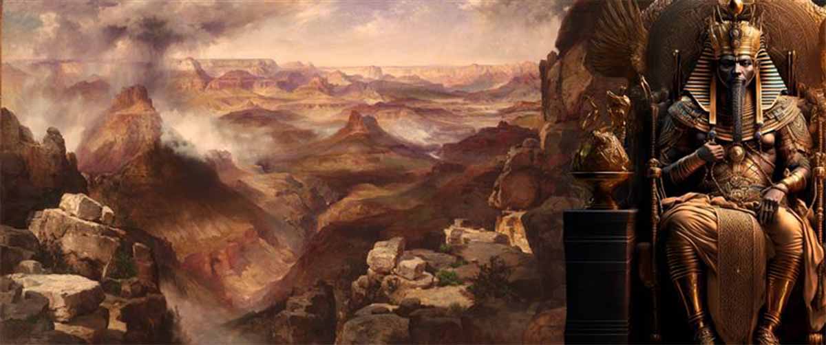 Grand Canyon of the Colorado River (1892–1908) by Thomas Moran, illustrator of John Powell’s book (Public Domain) and Pharaoh on a Throne (amith/ (Adobe Stock)