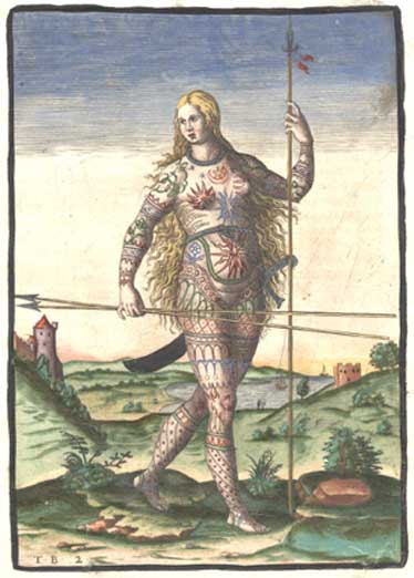 Hand-colored version of Theodor de Bry’s engraving of a Pict woman (a member of an ancient Celtic people from Scotland). De Bry’s engraving, “The True Picture of a Women Picte,” 1588