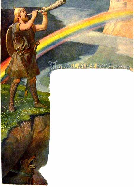 Heimdall se encuentra junto al puente Bifrost a Asgard, soplando en Gjallarhorn, para llamar a los dioses a la Batalla de Ragnarok. Ilustración de Emil Doepler, 1905 (dominio público)