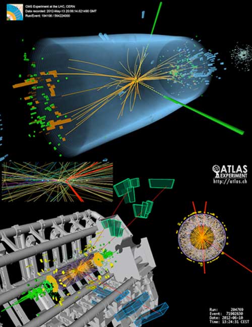 Higgs boson events from collisions between protons in the LHC. The top event in the CMS experiment shows a decay into two photons - dashed yellow lines and green towers. The lower event in the ATLAS experiment shows a decay into four muons - red tracks. (Cteirmn / CC BY-SA 3.0)