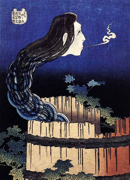 صورة لهوكوساي تصور Okiku في قصص الأشباح اليابانية.  (المجال العام)