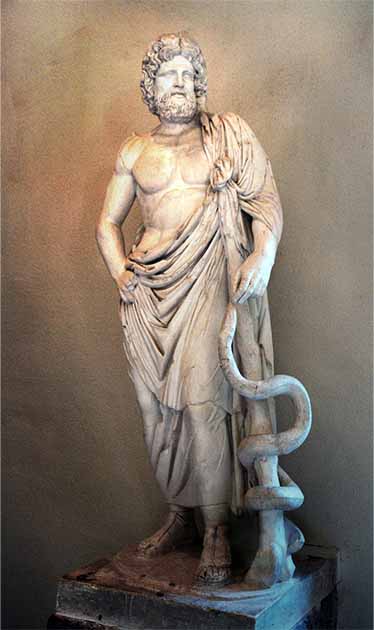 Hospitals or healing temples associated with the Asclepius cult, which the Hadrianopolis Asclepius inscription may attest to, were more spiritual healing centers. Ascelpius is known as the “Greek god of medicine and healing” and his double snake-wrapped staff is the Western symbol for medicine. (Michael F. Mehnert / CC BY-SA 3.0)