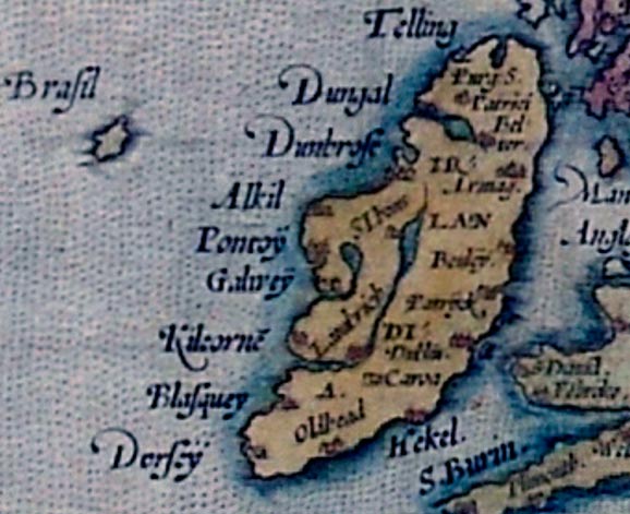 Hy-Brasil (simplesmente aqui é o Brasil), um close-up do mapa da Europa de Ortelius