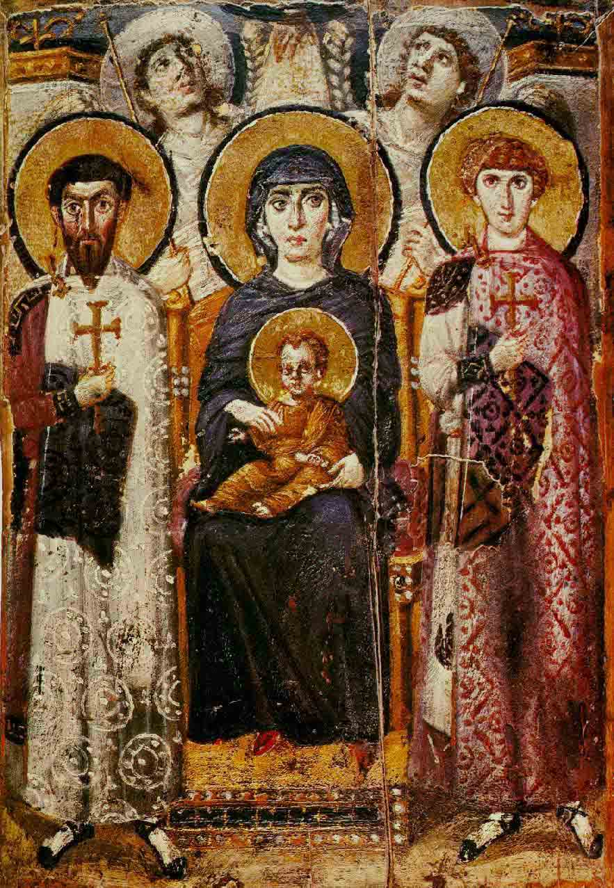 Icono de la Virgen María y Jesús entronizados rodeados de santos y ángeles del siglo VI d. C., que es una obra de arte particularmente importante en el Monasterio de Santa Catalina en el Sinaí. (Dominio publico)
