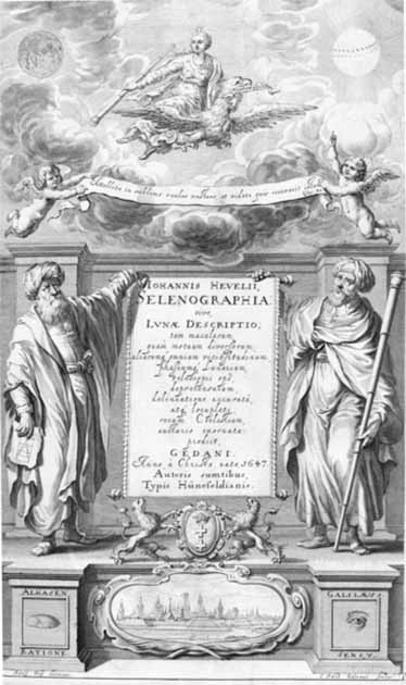 Ibn al-Haytham (“Alhasen”) on the left pedestal of reason [while Galileo is on the right pedestal of the senses] as shown on the frontispiece of the Selenographia (Science of the Moon; 1647) of Johannes HeveliusIbn al-Haytham (“Alhasen”) on the left pedestal of reason [while Galileo is on the right pedestal of the senses] as shown on the frontispiece of the Selenographia (Science of the Moon; 1647) of Johannes Hevelius. (Public Domain)