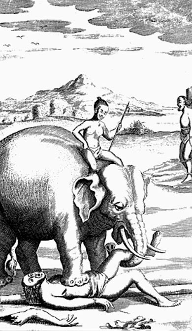 Ilustración de ejecución por elefante en 1681 por Robert Knox.