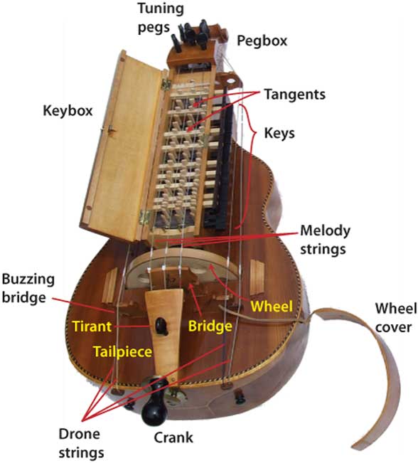 Illustration of the parts of a hurdy gurdy. 