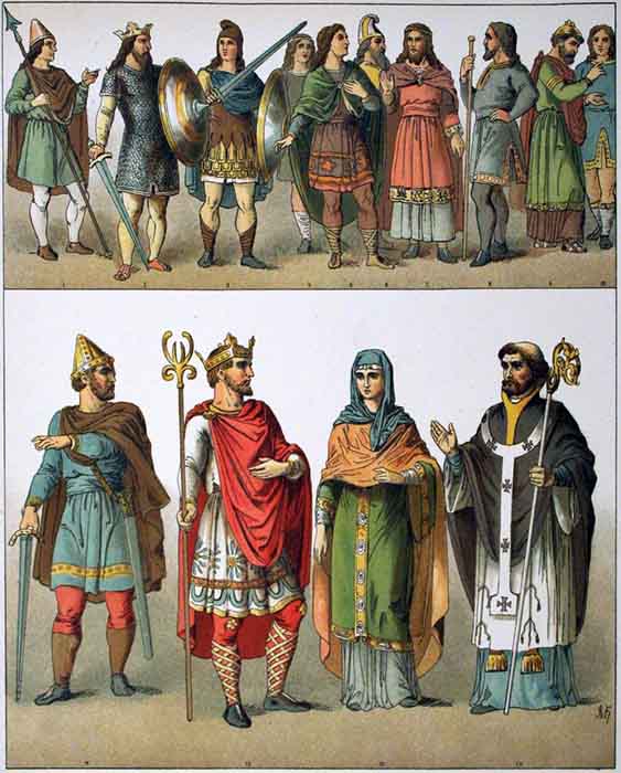 Ilustración de la sociedad y vestimenta anglosajona, 500-1000 d.C.