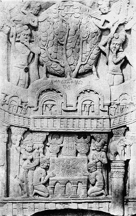 Illustration of the original Mahabodhi Temple built by Asoka at Bodh Gaya. At the center, the Vajrasana, or 