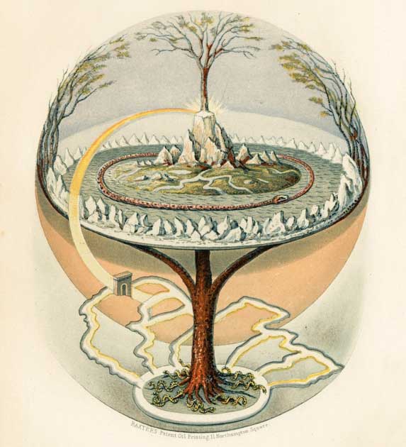Ilustración de Yggdrasil, el árbol sagrado del mundo en la mitología nórdica que se dice sostiene el universo, de la traducción al inglés de Prose Edda, un libro de texto en nórdico antiguo. (Dominio publico)