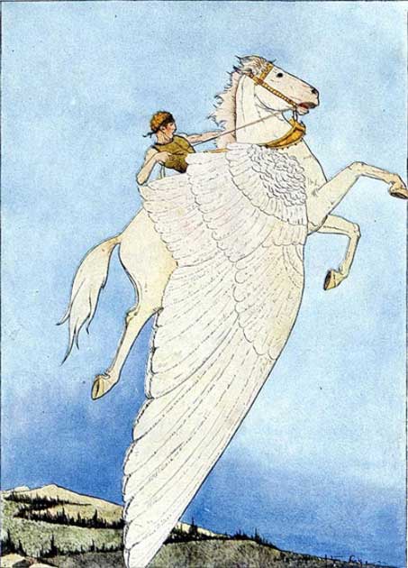 Illustration of Bellerophon riding Pegasus by Mary Hamilton Frye, from the 1914 publication Myths Every Child Should Know. (Public domain)