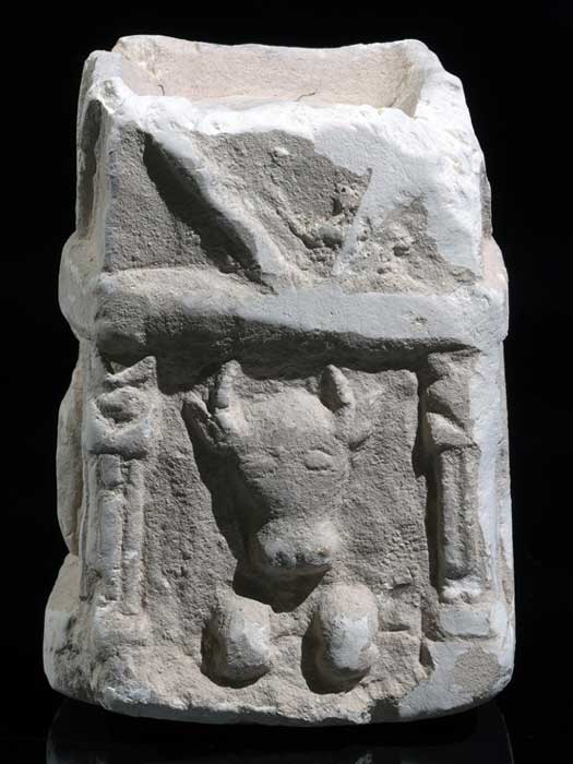 Incense altar bearing the carved image of a bull as found at the Horvat ‘Amuda site (Image: Clara Amit, Israel Antiquities Authority)