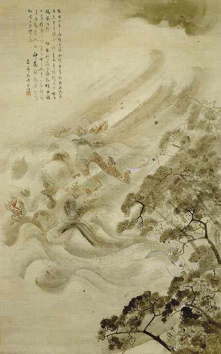 Representación en tinta y acuarela de la invasión mongola y la destrucción de la flota mongola durante un tifón, por Kikuchi Yoosai. (Dominio publico)