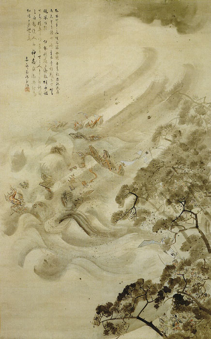 Ink and watercolor depiction of the Mongol invasion and the destruction of the Mongol fleet in a typhoon, by Kikuchi Yoosai. (Public domain)