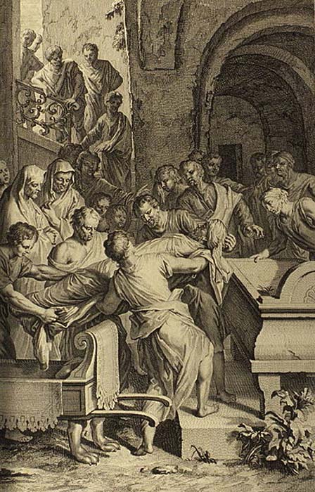 Isaac and Ishmael bury their father Abraham in the cave, as in Genesis 25:9. (Public Domain)