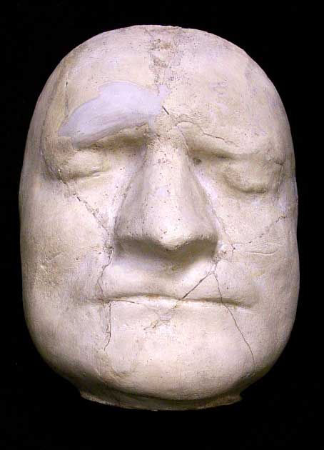 Death mask of Sir Isaac Newton, 1642-1727. Source: Laurence Hutton, ‘Portraits in Plaster, from the Collection of Laurence Hutton’ (New York, Harper & Brothers, 1894), and his ‘Talks in a Library’ (New York: G. P. Putnam's, 1905), recorded by Isabel Moore. Sir Isaac Newton was one of the most influential scientists in world history. He is best-known for his three laws of motion, and his law of universal gravitation. Additionally, he made contributions to the fields of optics and mathematics. Newton died in his sleep in London on 20 March 1727, aged 84.
