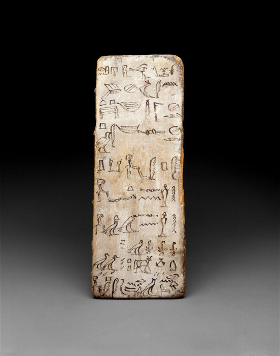 It is clear from the awkwardly formed hieroglyphs and their uneven spacing that this is the work of an apprentice scribe who was practicing his penmanship. The wooden writing board could be used again and again by scraping or wiping off the ink and adding a new coat of whitewash. First Intermediate Period (11th Dynasty or earlier). Metropolitan Museum of Art, New York.