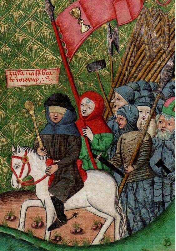 Jan Zizka leading troops of radical Hussites. From the Jensky kodex, between 1490 and 1510.