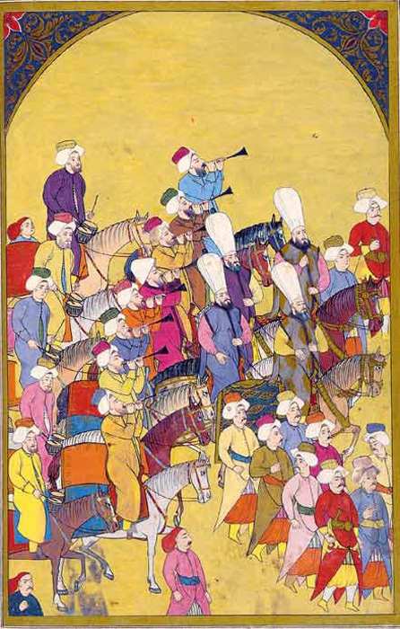 Janissaries marching to Mehter martial tunes played by the Mehterân military band. Ottoman miniature painting, from the Surname-i Vehbi (1720)