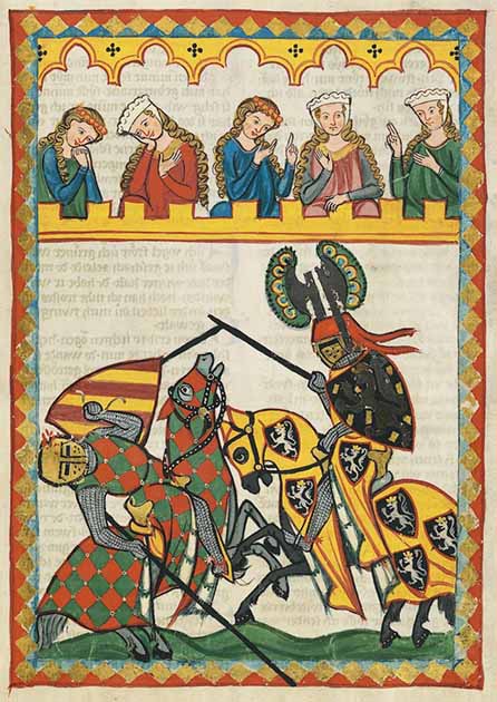 Jousting horses depicted in the Codex Manesse. (Public domain)