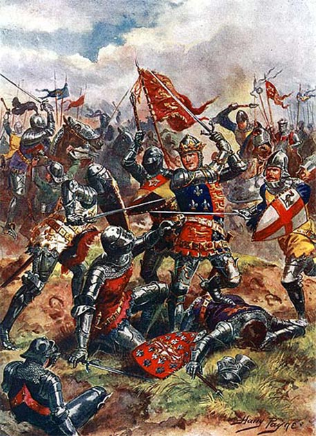 King Henry V, at the Battle of Agincourt, wears the Royal Arms of England, quartered with the Fleur de Lys of France as a symbol of his claim to the throne of France. (Richard Cœur de Lion / Public Domain)