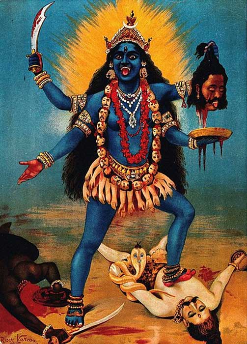 Kali trampling Shiva. Chromolithograph by R. Varma. (Public Domain)