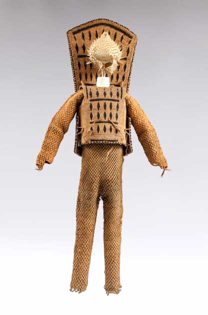 Kiribati armor made with coconut fiber and decorated with human hair The helmet is made from a porcupine fish. The Republic of Kiribati is a collection of islands in the Pacific Ocean. The armor provided protection from shark’s-teeth-edged swords, spears, and daggers carried by island warriors. Credit: Josh Murfitt, Museum of Archaeology and Anthropology, University of Cambridge)